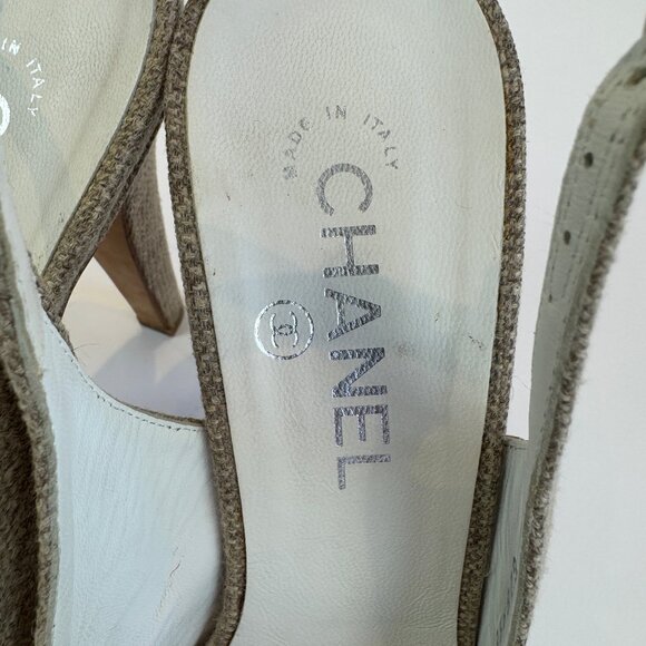 Chanel Beige Canvas and Black Leather Peep Toe Platform Slingbacks, Size 41 - Picture 8 of 14
